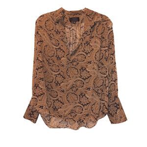 NILI LOTAN Colleen Vintage Brown Paisley Silk Top Size L Long Sleeve Open Neck